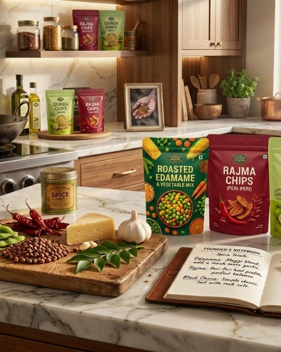 Annarasa kitchen — product pouches, spices and founder’s notebook on the counter