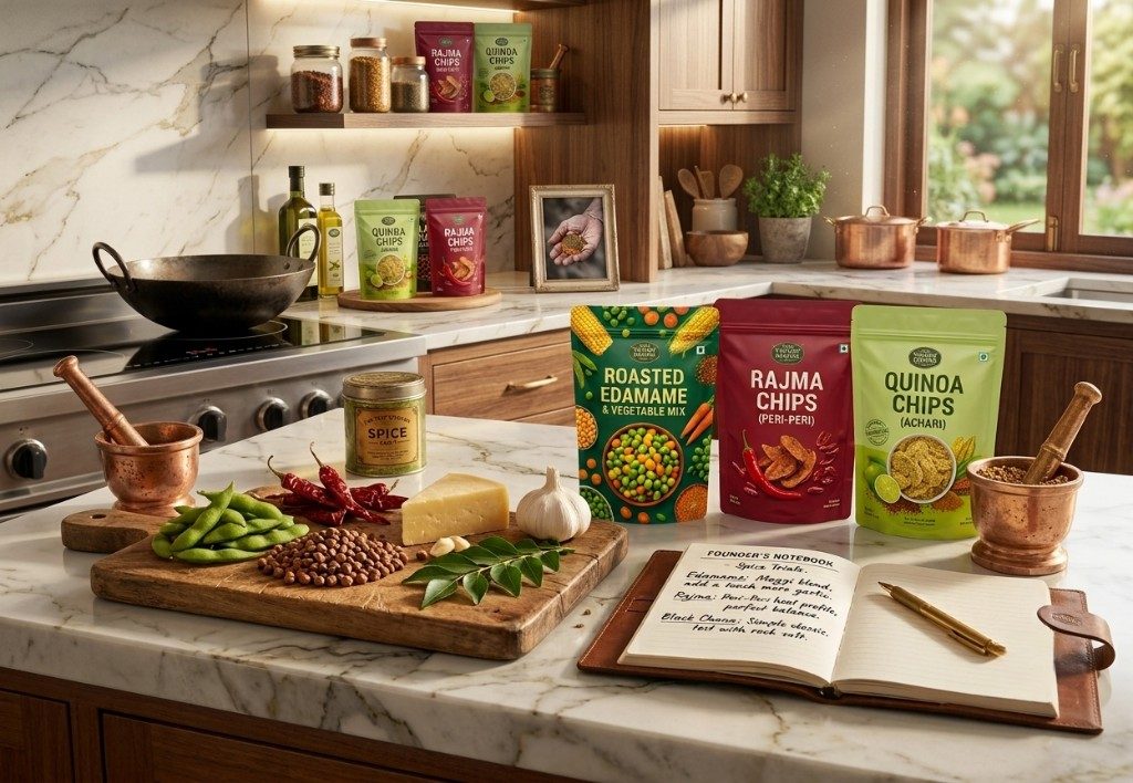 Annarasa products on a kitchen counter with spices, edamame and a wok on the stove